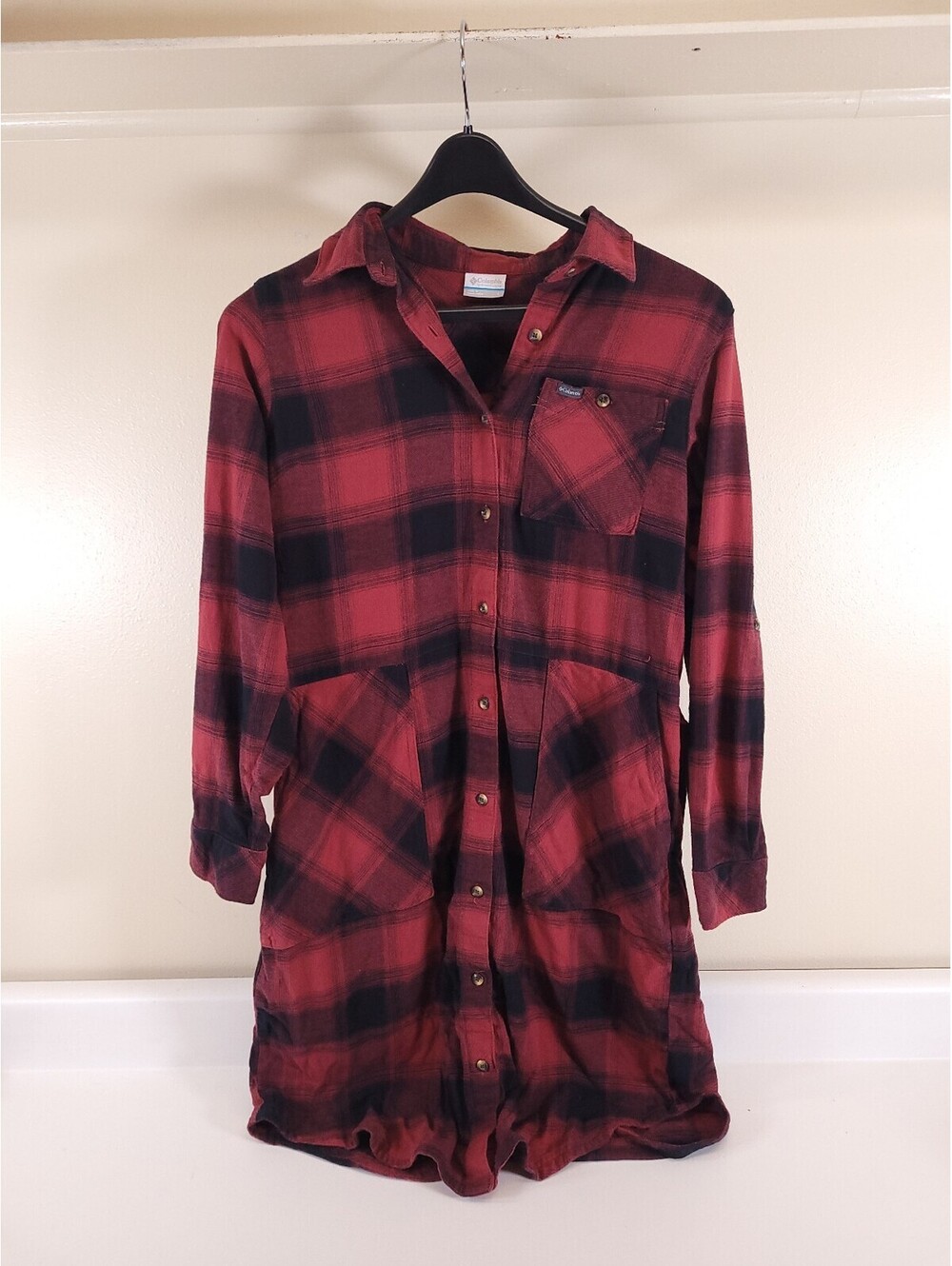 Columbia flannel dress womens large burgundy black check dress